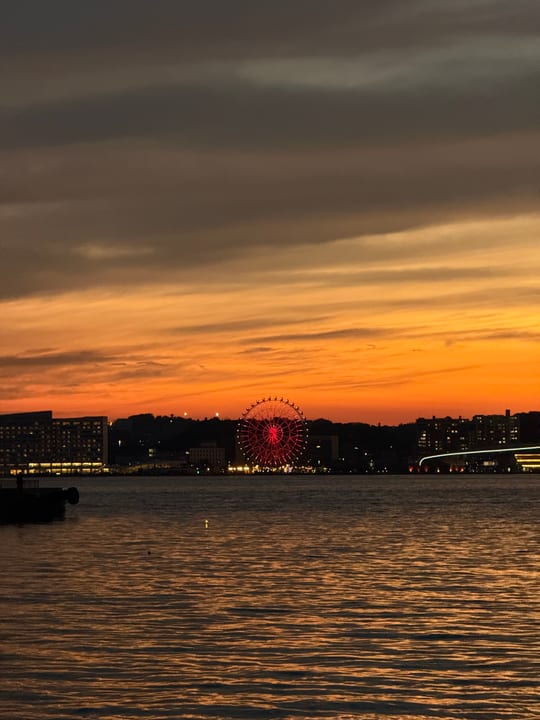 A waterfront Ferris wheel and buildings beneath an orange sunset